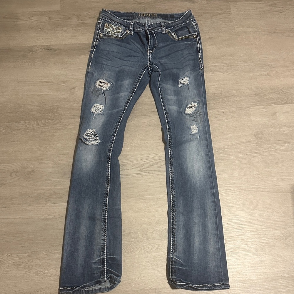Grace in LA Women's Blue Distressed Boot Cut Jeans